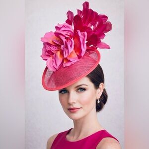 Hot Pink Saucer KY Oaks Derby Fascinator Hat Flowers Feathers Formal Headwear